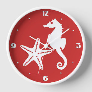 Horloge Cheval de mer et poisson d'eau - corail noir rouge