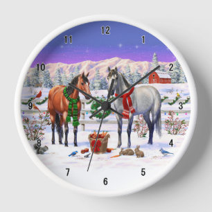 Horloge Chevaux de Noël en neige