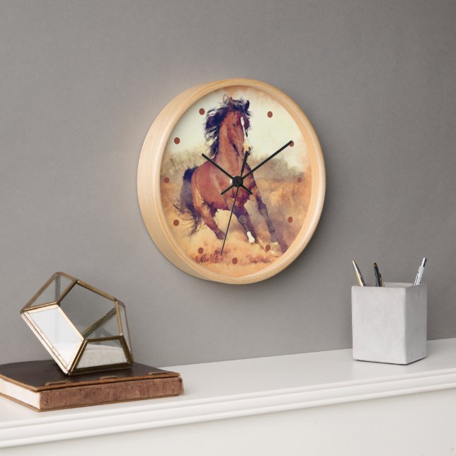 Horloge Chevaux Mustang Sauvages Stampede Aquarelle (Bureau)