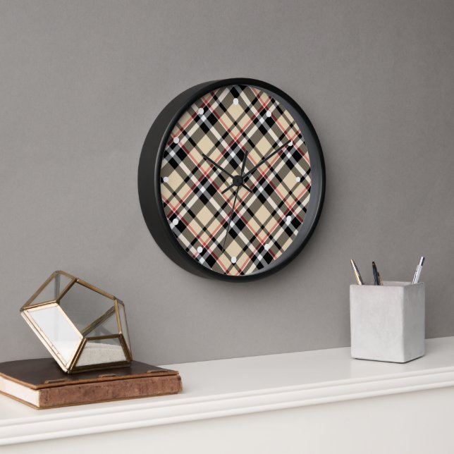 Horloge Chic Rouge Beige Noir Blanc Plaid Stripes Motif (Bureau)
