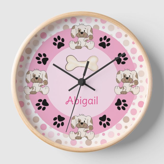 Horloge Chien Chien Chien, Empreintes de pattes, Pois Rose (Recto)