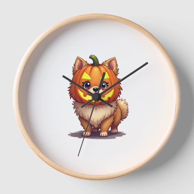 Horloge Chien de Poméranie, Masque citrouille (Recto)
