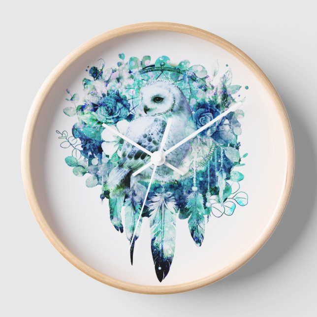 Horloge Chouette à neige Dreamcatcher Vert et bleu Turquoi (Recto)