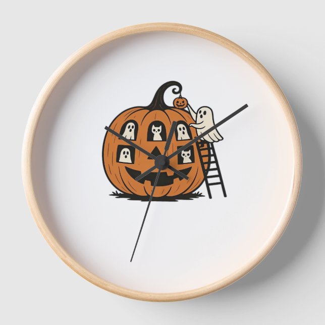 Horloge Citrouille Éffrayant Whimsical avec Fantômes, Chat (Recto)
