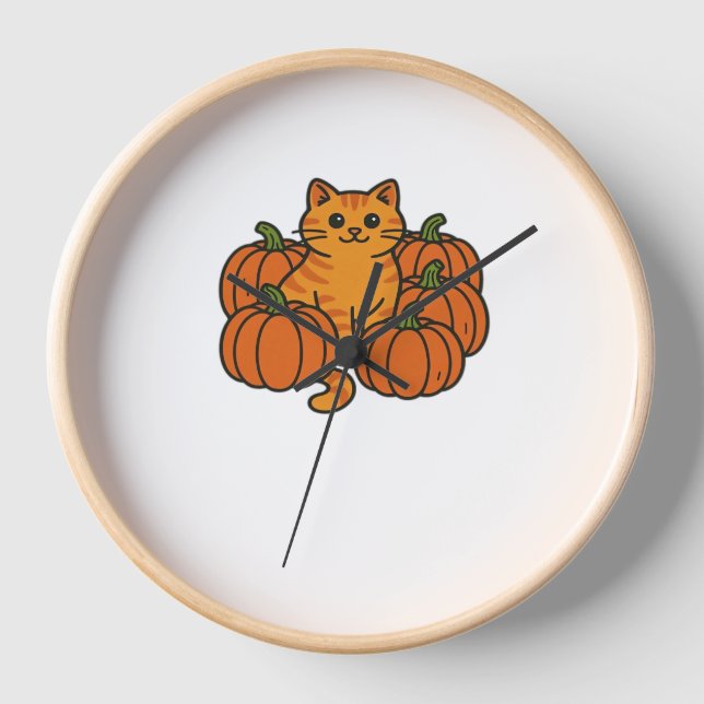 Horloge Citrouille orange Kitty Chat Magique T-Shirt surdi (Recto)
