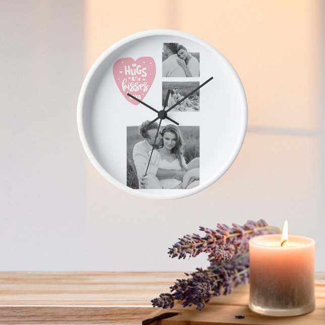 Horloge Collage Couple Photo & Hugs And Kisses PInk Heart (Créateur téléchargé)