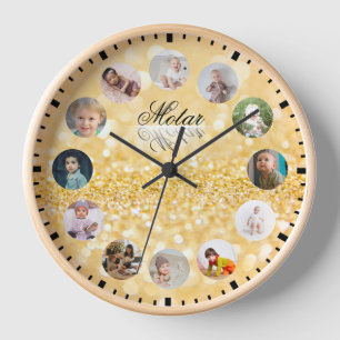 Horloge Collage de 12 photos Nom personnalisé style doré