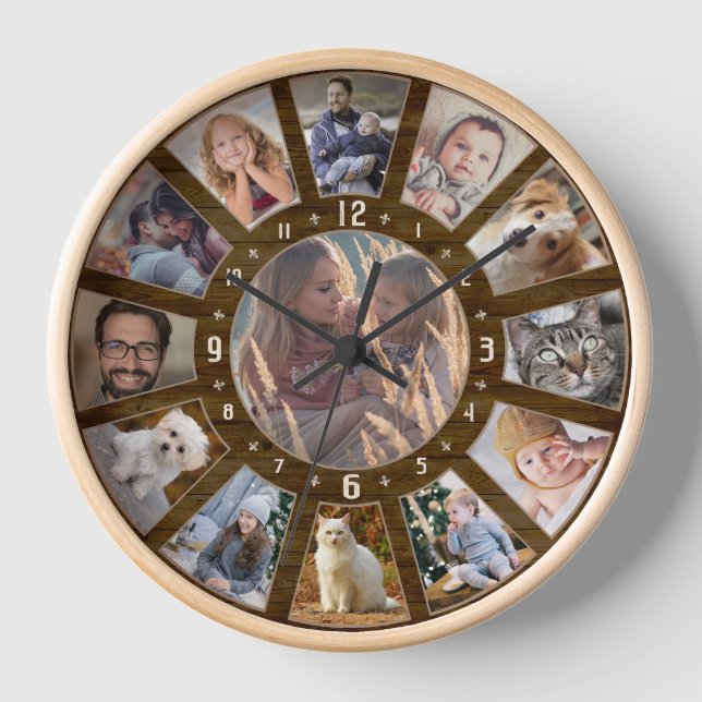 Horloge Collage Photo Famille 13 Custom Facile Ferme Bois (Recto)