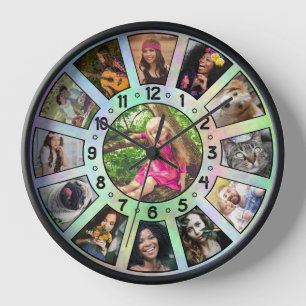 Horloge Collage Photo Famille 13 Retro Green Cravate-Dye C