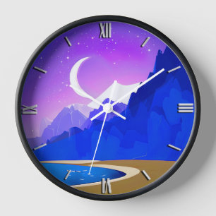 Horloge Croissant de Lune, Lac & Montagnes en Violet & Ble