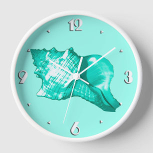 Horloge Croquis de coquille de conque - turquoise, blanc