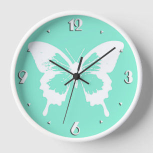 Horloge Croquis de papillon, aqua et blanc