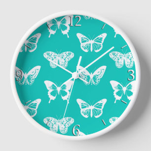 Horloge Croquis de papillon, bleu turquoise et blanc