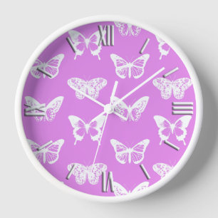 Horloge Croquis de papillon, orchidée et blanc