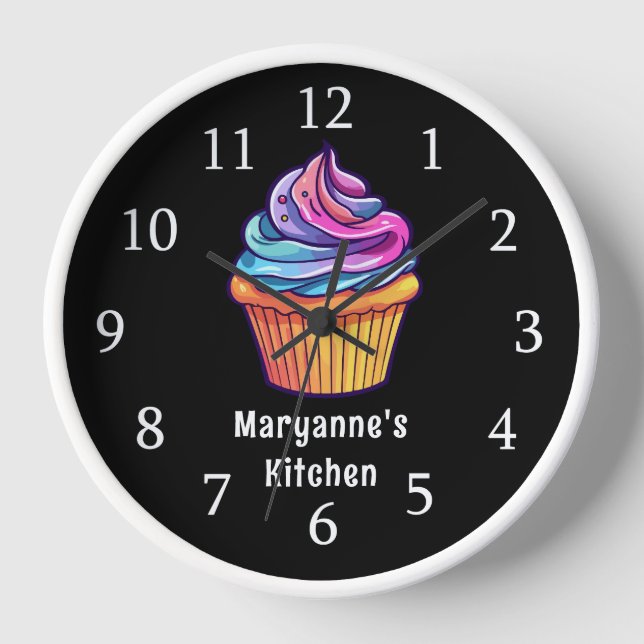 Horloge Cupcake Coloré Sur Cuisine Personnalisée Noire (Recto)