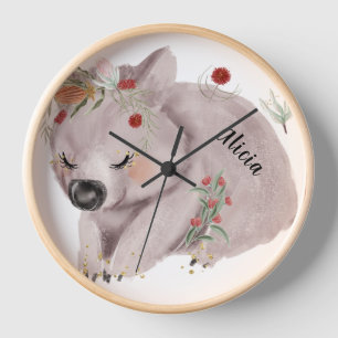 Horloge Cute Baby Wombat Gold Speckle Nom personnalisé