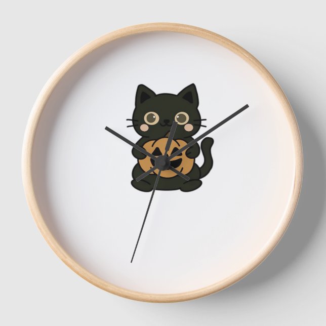 Horloge Cute Black Cat Holding Jack-o'-lantern Citrouille  (Recto)
