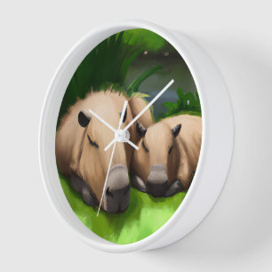 Horloge Cute Funny Napping Capybaras par l'étang