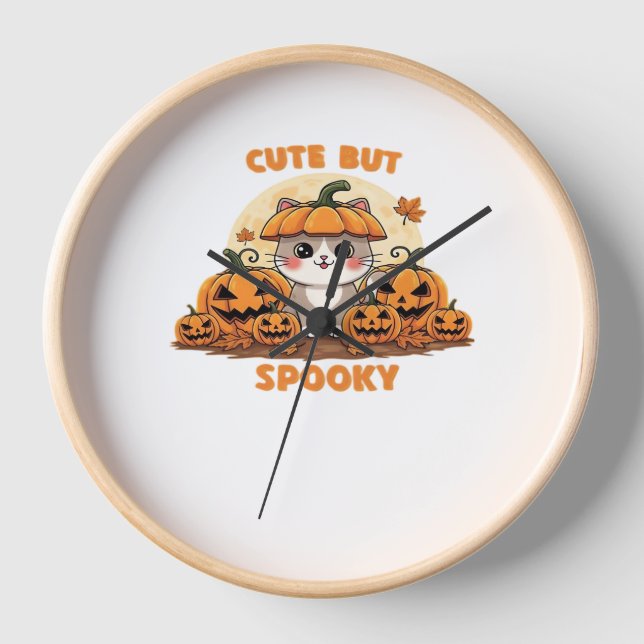 Horloge Cute Halloween Chat avec Citrouilles - Kawaii Éffr (Recto)