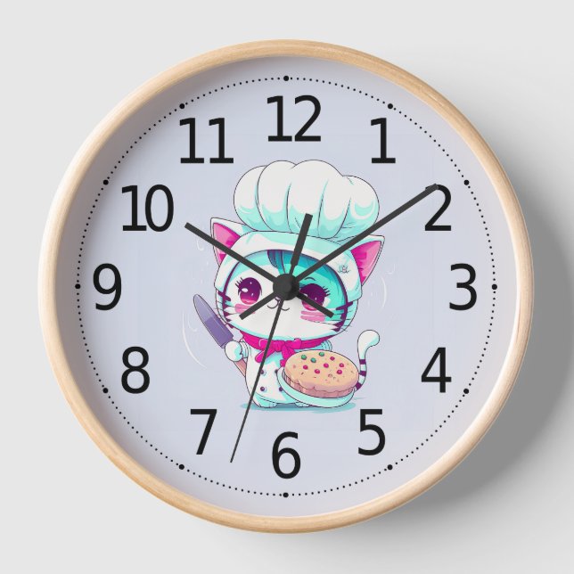 Horloge Cute pâtisserie boulangère Chef Chat avec gâteau e (Recto)