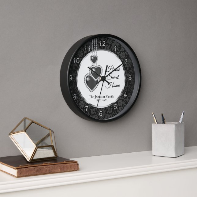 Horloge Damas Noir avec Coeurs - Home Sweet Home (Bureau)