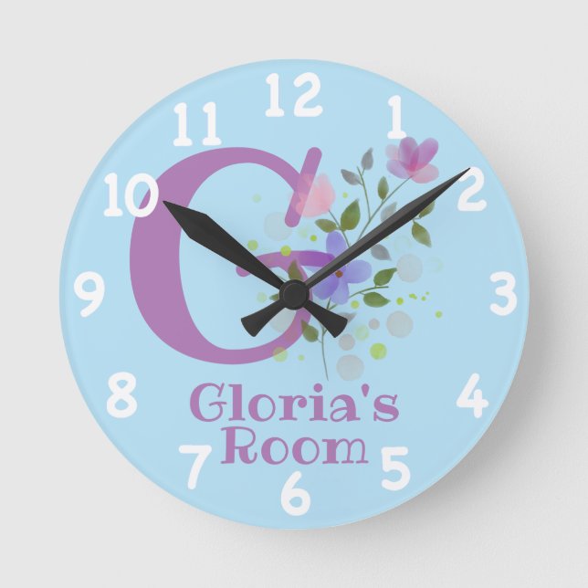 Horloge dans un design floral avec nom et initiale (Recto)