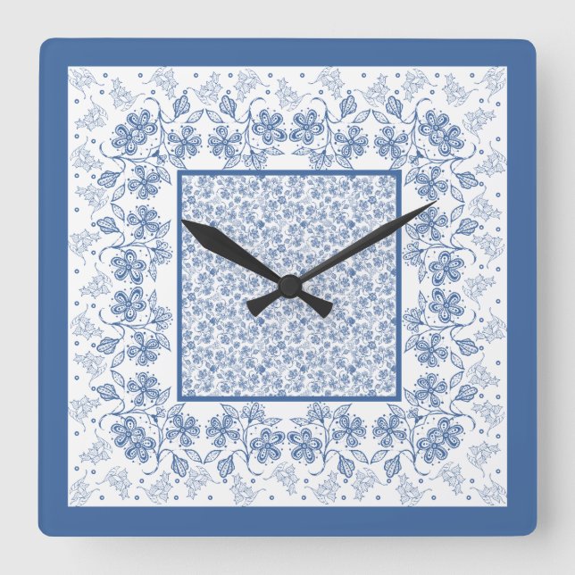 Horloge de Carré de frontière florale bleu Indigo  (Recto)