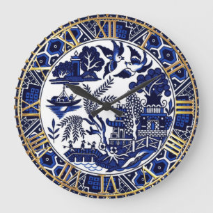 Horloge de conception de plat de saule de bleu de