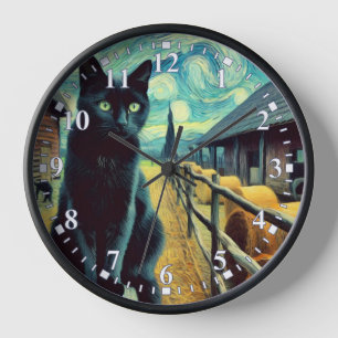 Horloge de peinture de ferme de chat noir