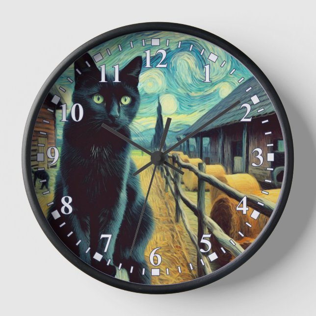 Horloge de peinture de ferme de chat noir (Recto)