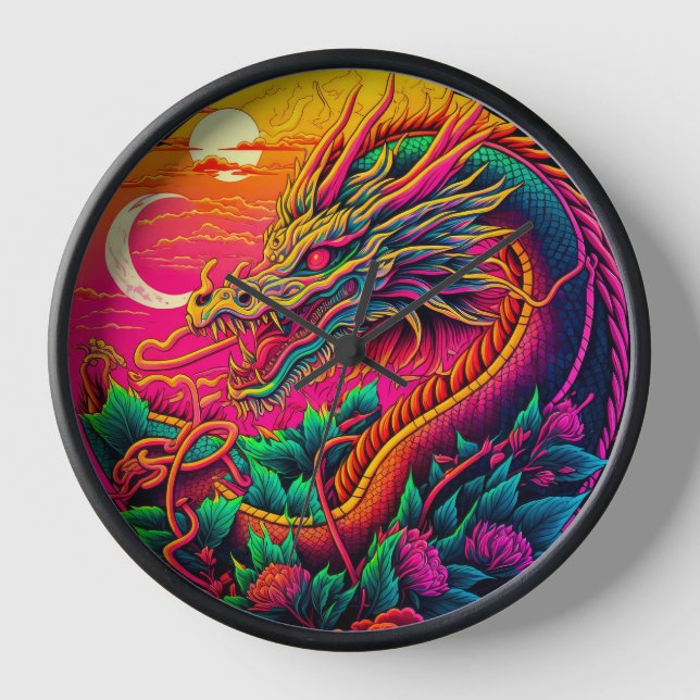 Horloge Design de néon coloré de dragon chinois (Recto)