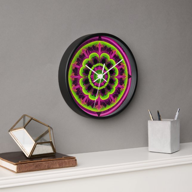Horloge Design Kaleidoscope Rose Neon Et Vert (Bureau)