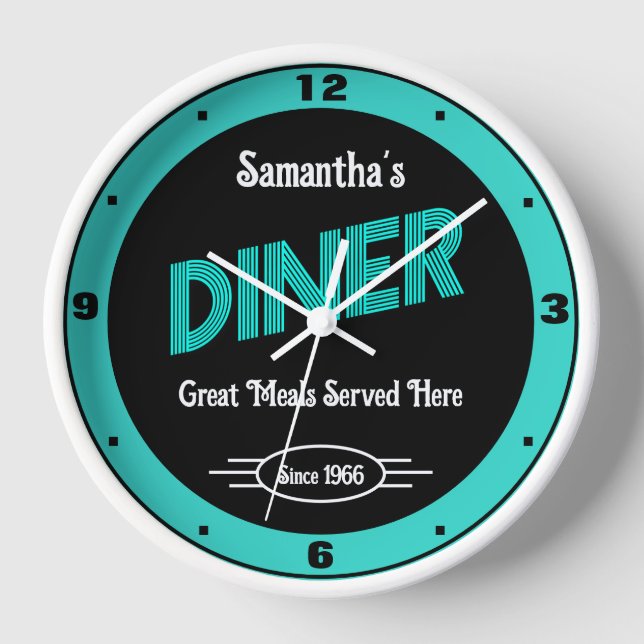 Horloge Diner N'Importe Quel Nom Style Date Rétro Turquois (Recto)