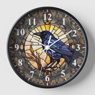 Horloge d'oiseau en verre de Corbeau noir