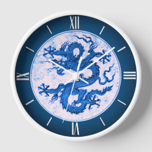 Horloge Dragon chinois, bleu d'Indigo et blanc