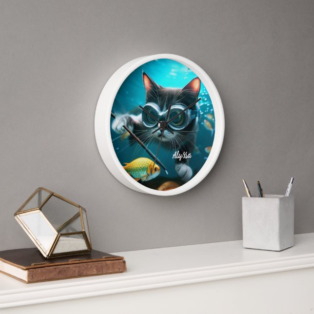 Horloge Drôle Chat dans l'Aquarium (Bureau)
