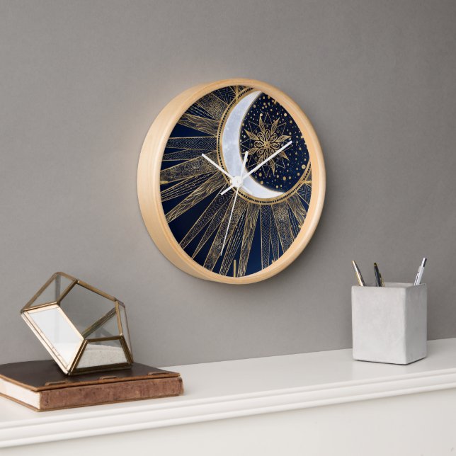 Horloge Elégant Blue Gold Sun Moon Mandala (Bureau)