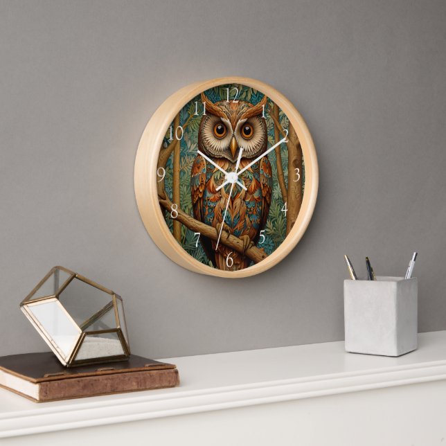 Horloge Élégant hibou rétro boho bohème bohème forêt verte (Bureau)