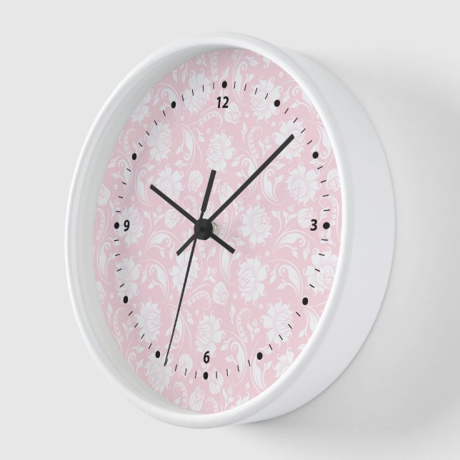 Horloge Elégant motif damassé floral blanc et rose pâle (Angle)