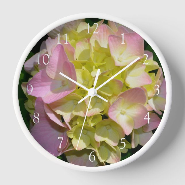 Horloge Elégante hydrangée fleurie jaune rose (Recto)