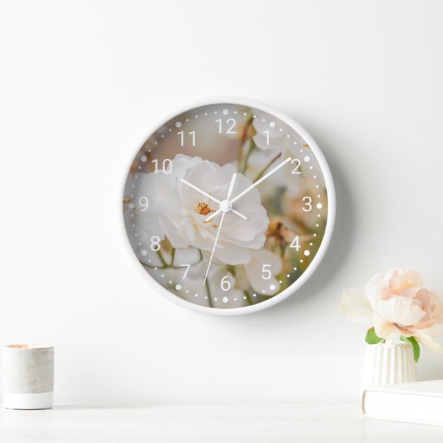 Horloge Elégante Rose blanche Fleurs Botanique Nature Phot (Maison)