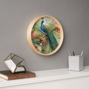 Horloge Élégantes fleurs bleues vertes paon rose vintage