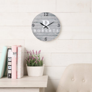 Horloge en Bois Flotté Gris Monogramme Rustique