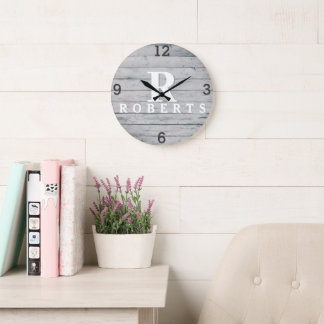Horloge en Bois Flotté Gris Monogramme Rustique