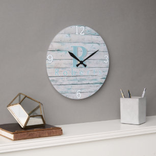Horloge en bois flotté sarcelle Monogramme rustiqu