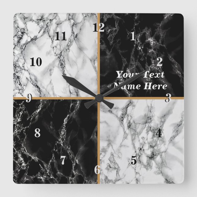 Horloge en marbre noir blanc avec texte personnali (Recto)