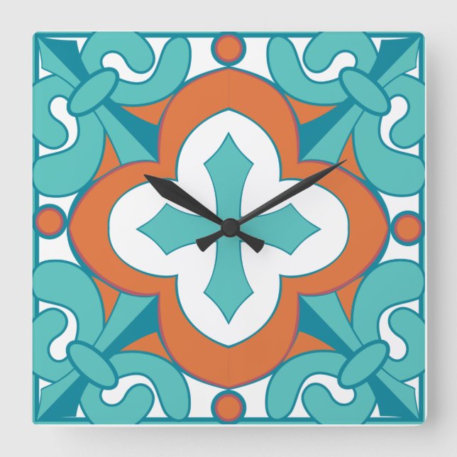 Horloge en mosaïque Talavera - Orange & Turquoise (Recto)