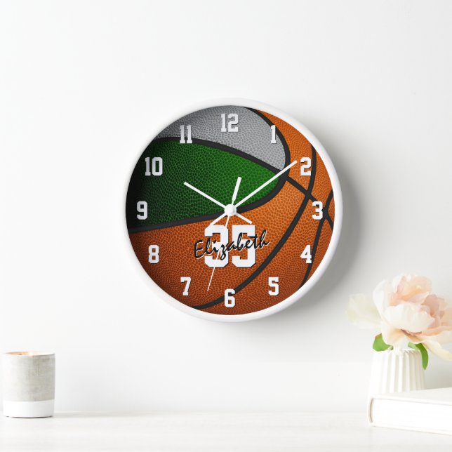 Horloge équipe verte gris couleurs basketball personnalisé (Maison)