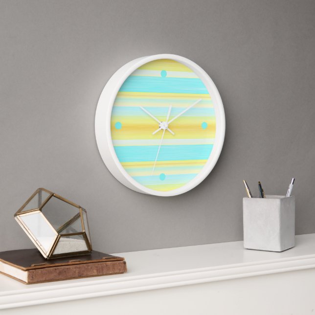 Horloge Eté Soleil Jaune Aqua Bleu Aquarelle Rayures (Bureau)