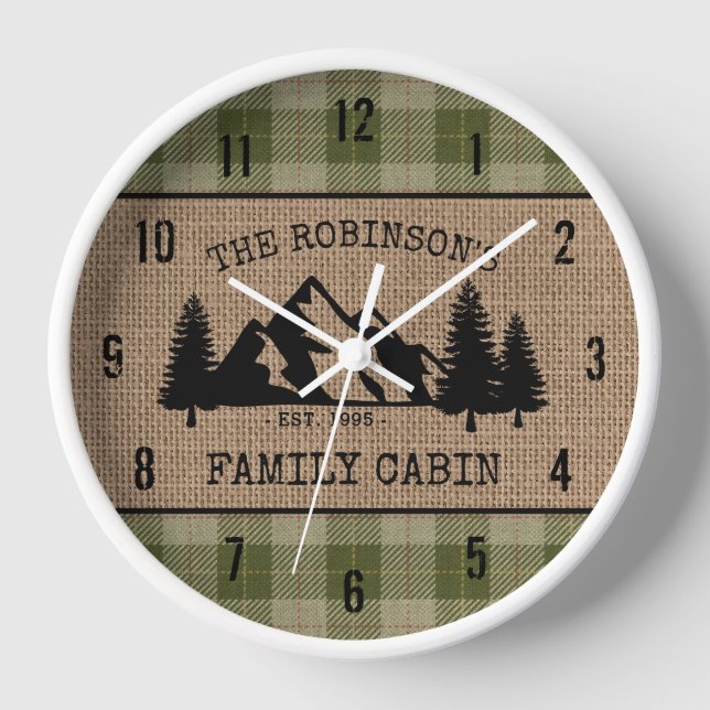 Horloge Family Nom Cabin Trees Sage Plaid Burlap (Recto)